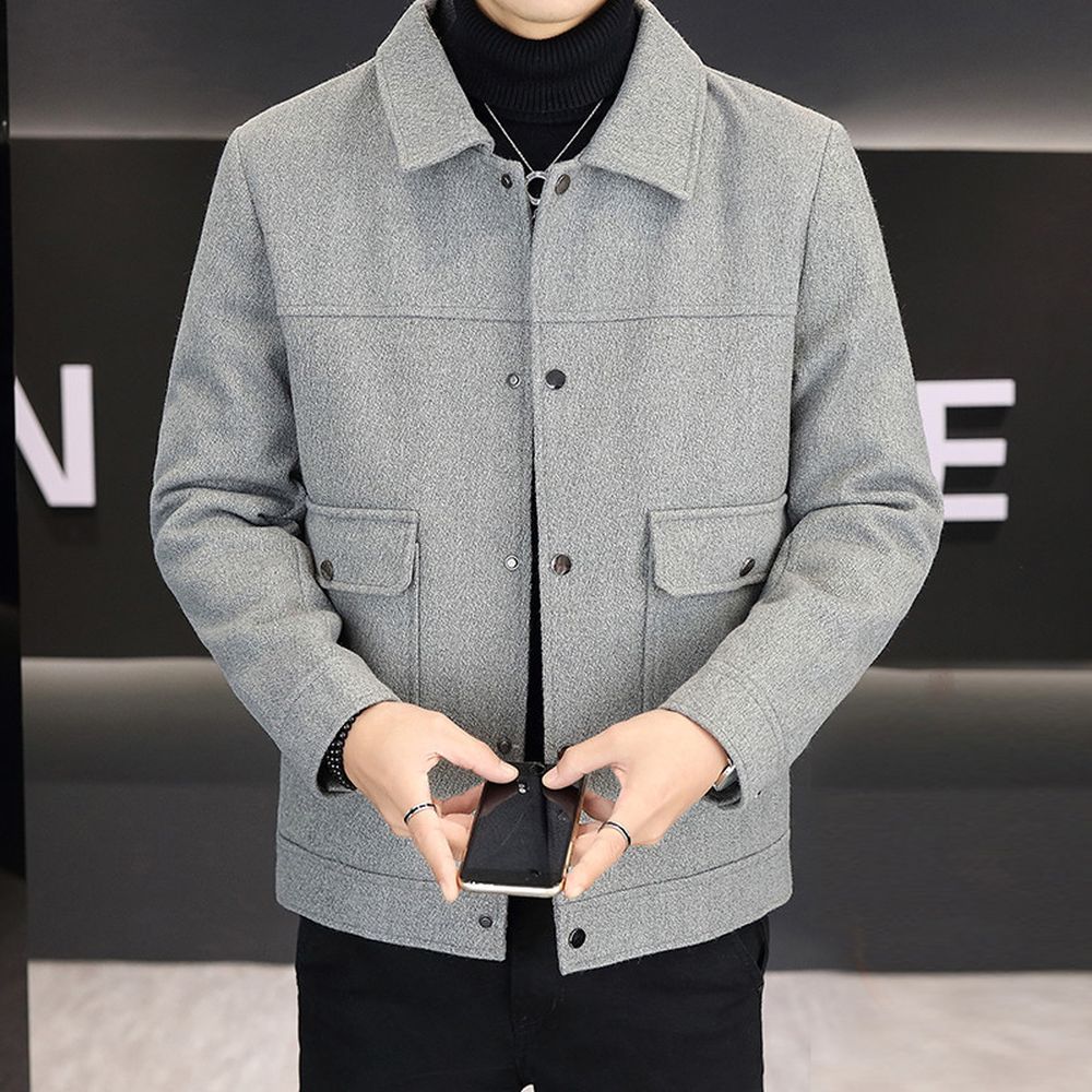 Men's Wool Coat with Lapel Thickened and Fleece-lined Casual Jacket